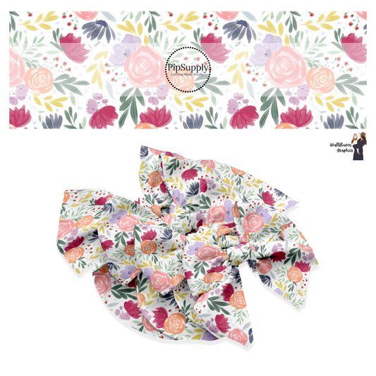 These spring floral pattern themed no sew bow strips can be easily tied and attached to a clip for a finished hair bow. These patterned bow strips are great for personal use or to sell. These bow strips features beautiful watercolor flowers and leaves on white.