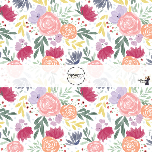 Orange, Yellow, Pink, White, and Blue Springtime Florals on Off-White Fabric by the Yard.