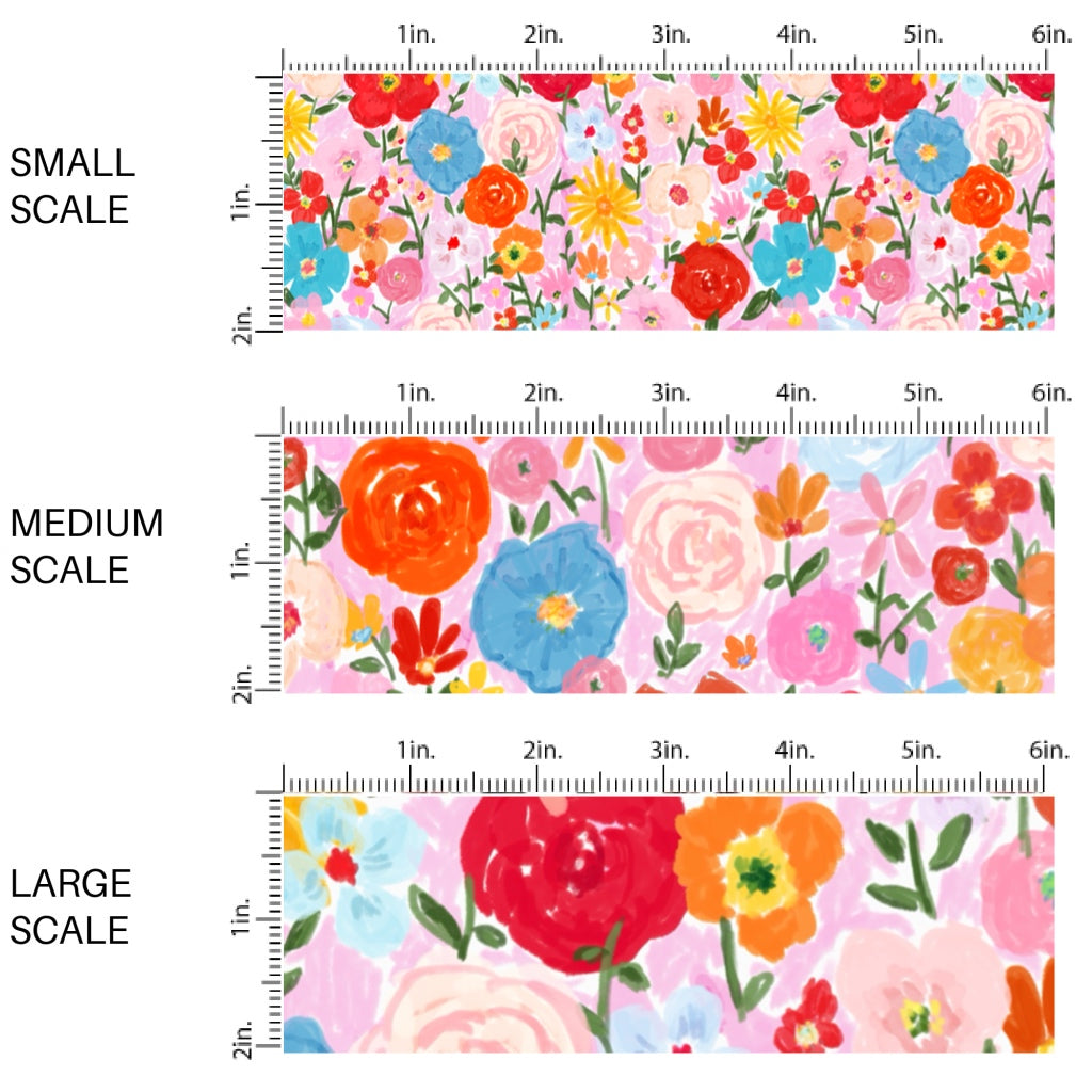 This scale chart of small scale, medium scale, and large scale of this floral fabric by the yard features watercolor flowers on pink. This fun themed fabric can be used for all your sewing and crafting needs!