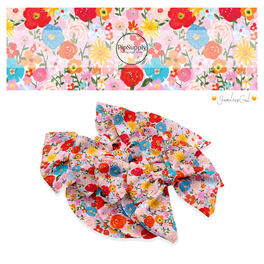 These floral themed no sew bow strips can be easily tied and attached to a clip for a finished hair bow. These patterned bow strips are great for personal use or to sell. These bow strips feature watercolor flowers on pink.