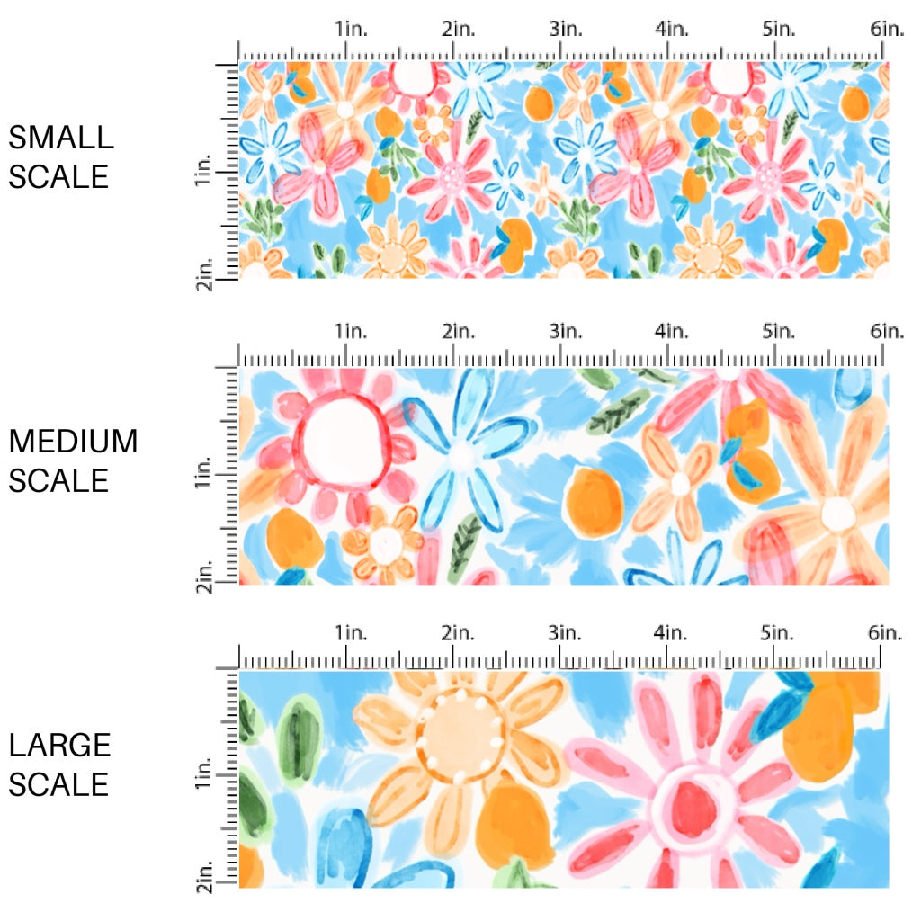 This scale chart of small scale, medium scale, and large scale of this floral fabric by the yard features wildflowers on blue. This fun themed fabric can be used for all your sewing and crafting needs!