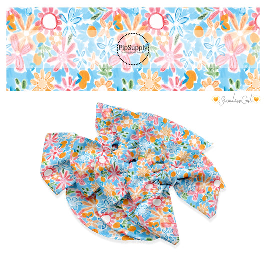 These floral themed no sew bow strips can be easily tied and attached to a clip for a finished hair bow. These patterned bow strips are great for personal use or to sell. These bow strips feature wildflowers on blue.