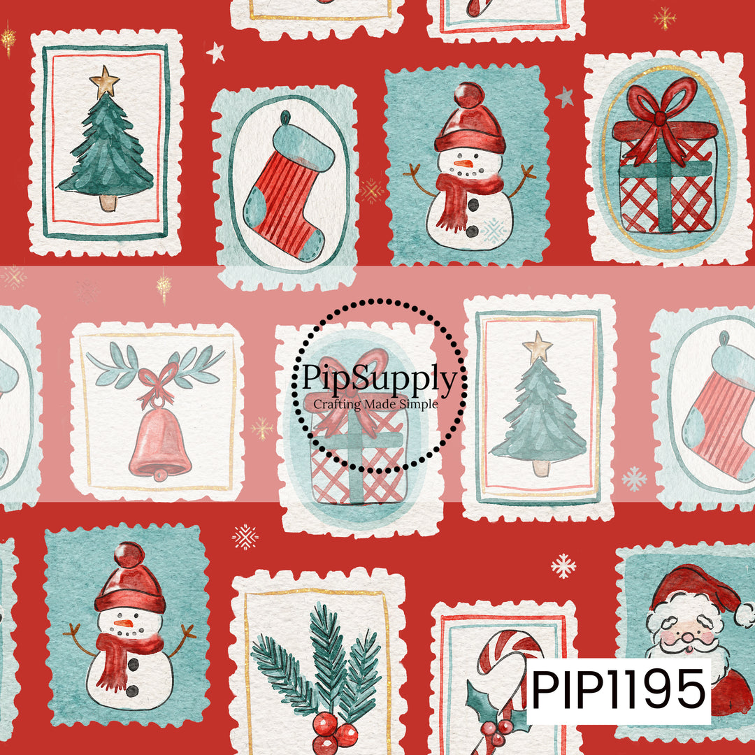 A charming watercolor Christmas pattern featuring vintage-style postage stamp frames filled with festive holiday icons, including Christmas trees, stockings, snowmen, wrapped gifts, bells, candy canes, greenery, and Santa. Soft teal, red, white, and touches of gold stand out against a classic red background for a nostalgic holiday feel.
