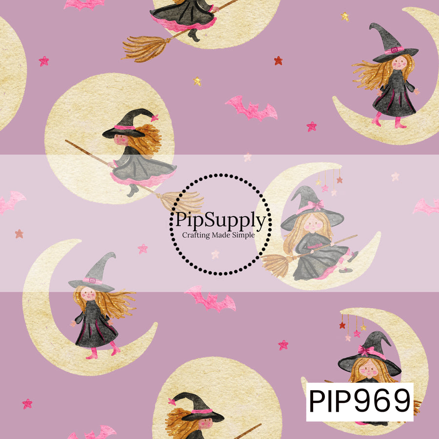 A whimsical seamless pattern featuring watercolor witches flying on broomsticks and sitting on crescent moons against a soft lavender background. Pink bats, tiny stars, and moon accents are scattered throughout, creating a dreamy, magical Halloween design with a charming hand-painted look.
