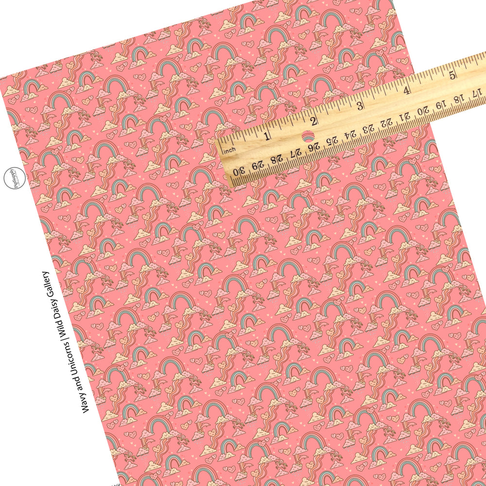 These Valentine's pattern themed faux leather sheets contain the following design elements: rainbows, unicorns, and heart shaped clouds on peachy pink. Our CPSIA compliant faux leather sheets or rolls can be used for all types of crafting projects.