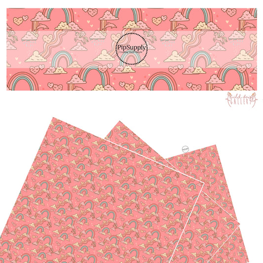 These Valentine's pattern themed faux leather sheets contain the following design elements: rainbows, unicorns, and heart shaped clouds on peachy pink. Our CPSIA compliant faux leather sheets or rolls can be used for all types of crafting projects.