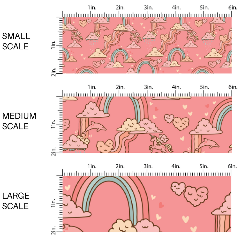 Wavy Rainbows, Hearts, Unicorns, and Dolphins on Pink Fabric by the Yard scaled image guide.