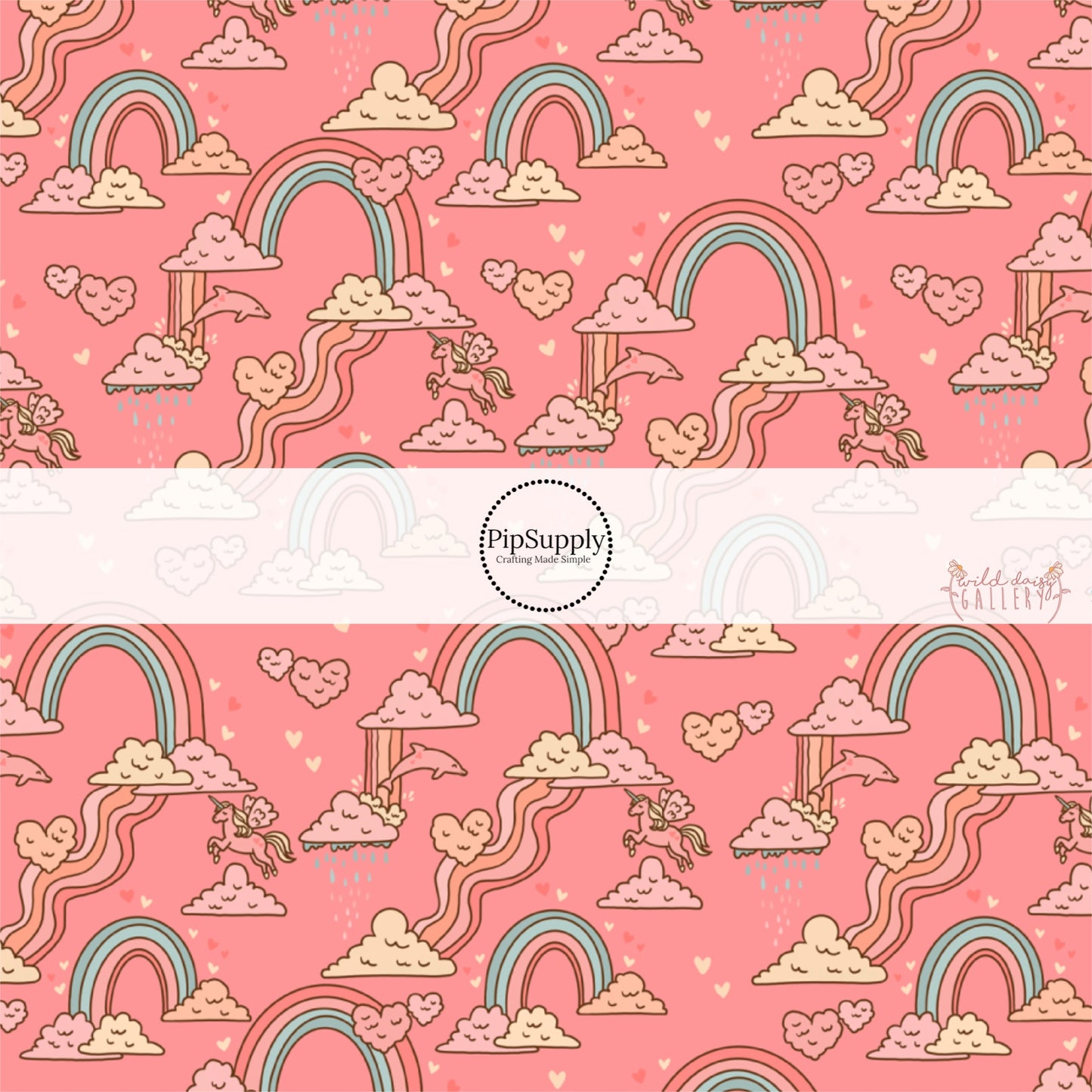 Wavy Rainbows, Hearts, Unicorns, and Dolphins on Pink Fabric by the Yard.
