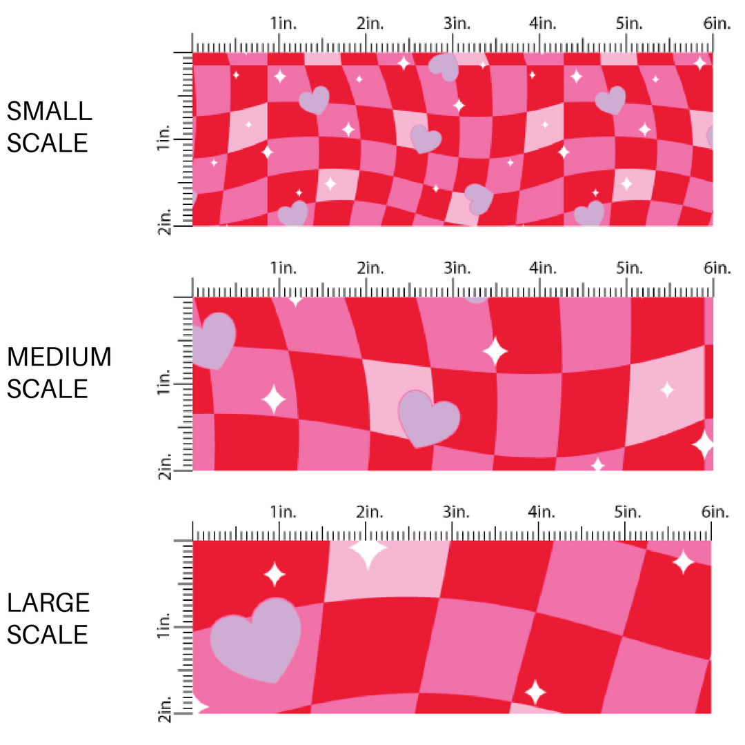 Purple Hearts on Pink Wavy Checkered Fabric by the Yard scaled image guide.