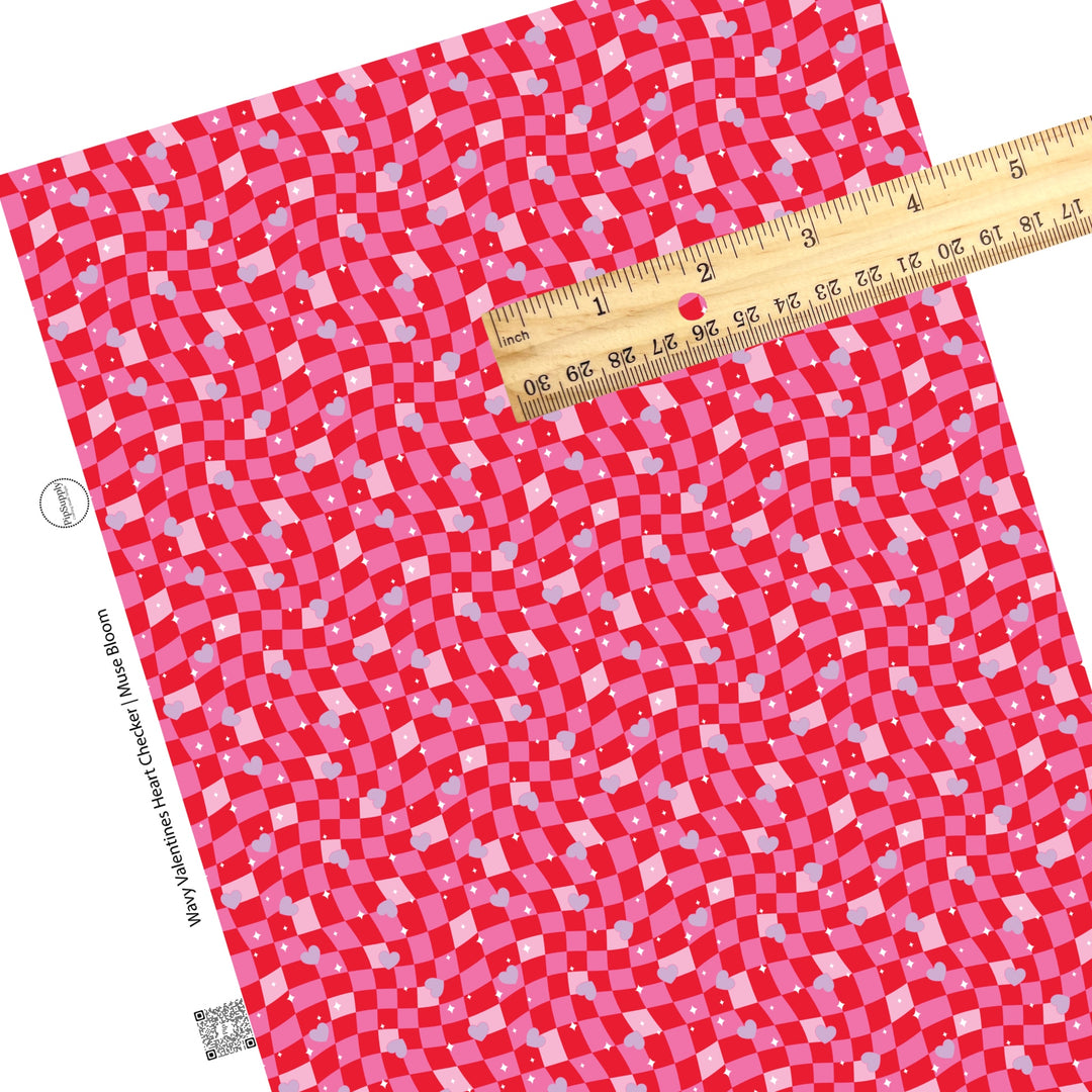 These Valentine's wavy checker pattern themed faux leather sheets contain the following design elements: light purple hearts on red and pink wavy checker pattern. Our CPSIA compliant faux leather sheets or rolls can be used for all types of crafting projects.