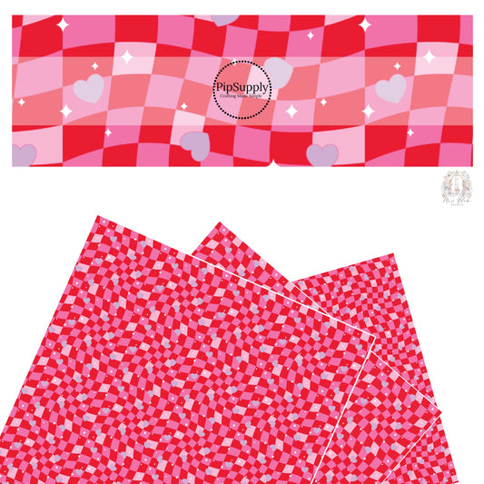 These Valentine's wavy checker pattern themed faux leather sheets contain the following design elements: light purple hearts on red and pink wavy checker pattern. Our CPSIA compliant faux leather sheets or rolls can be used for all types of crafting projects.