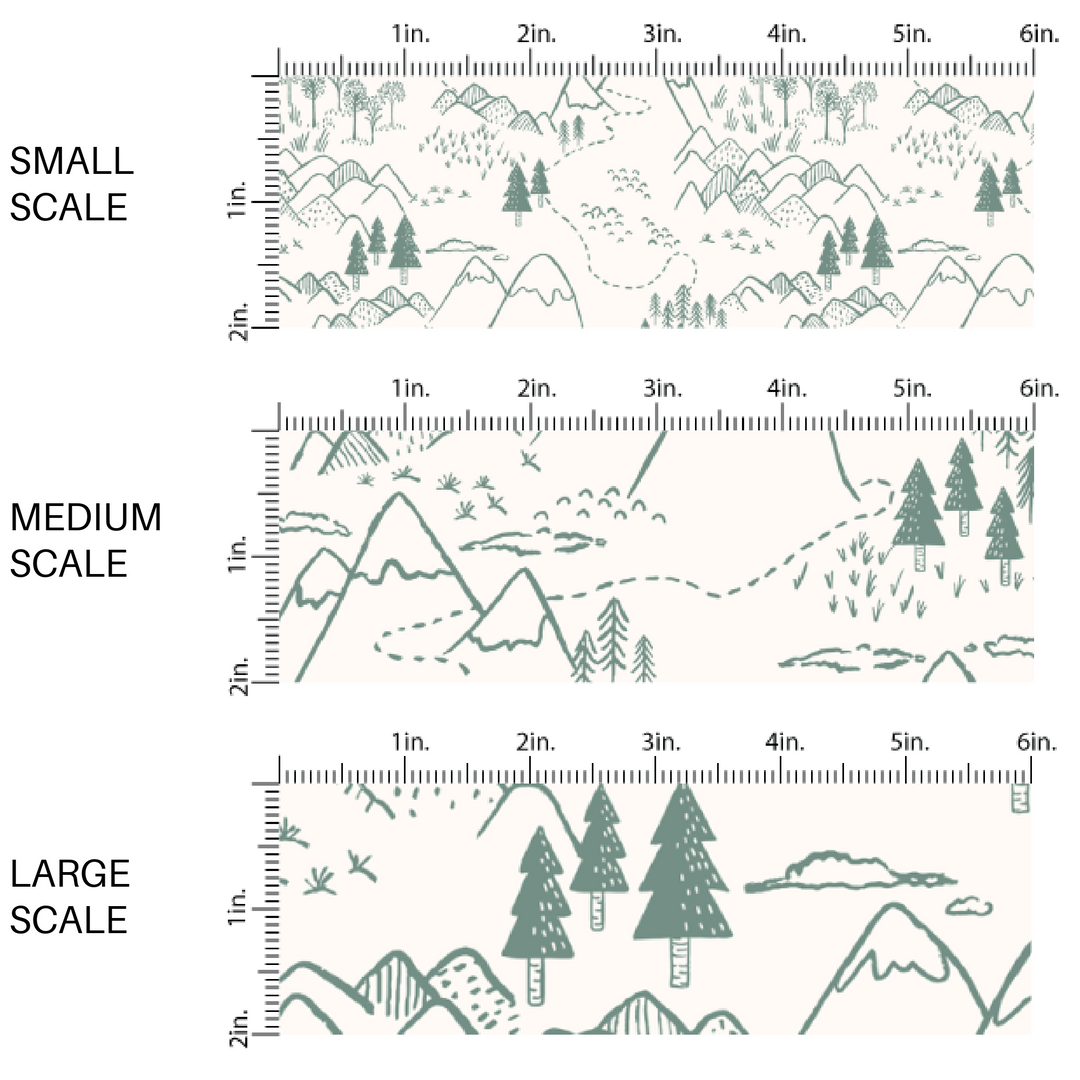 This scale chart of small scale, medium scale, and large scale of these fall themed fabric by the yard features dark green trees and mountains on cream. This fun autumn themed fabric can be used for all your sewing and crafting needs!