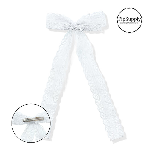 These dainty lace long ribbon hair bows are ready to package and resell to your customers no sewing or measuring necessary! These come pre-tied with an attached alligator clip. The delicate bow is perfect for all hair styles for kids and adults.