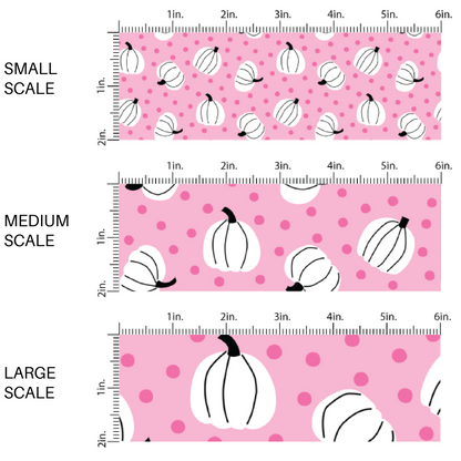 This scale chart of small scale, medium scale, and large scale of these Halloween themed pink fabric by the yard features white pumpkins surrounded by tiny pink dots on light pink. This fun spooky themed fabric can be used for all your sewing and crafting needs! 