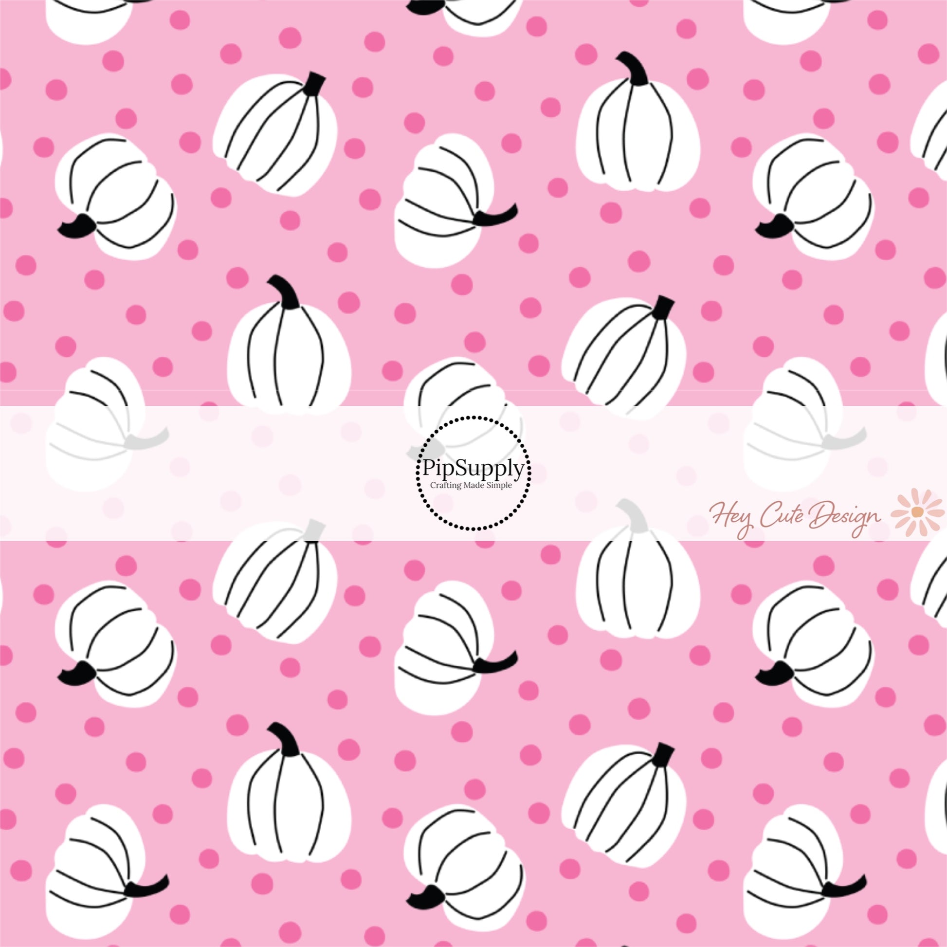 These Halloween themed pink fabric by the yard features white pumpkins surrounded by tiny pink dots on light pink. This fun spooky themed fabric can be used for all your sewing and crafting needs! 