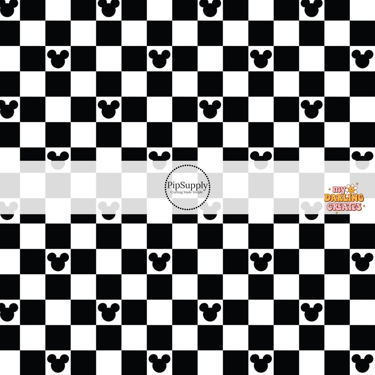 Black and white checkered fabric by the yard with back mouse head silhouette's.