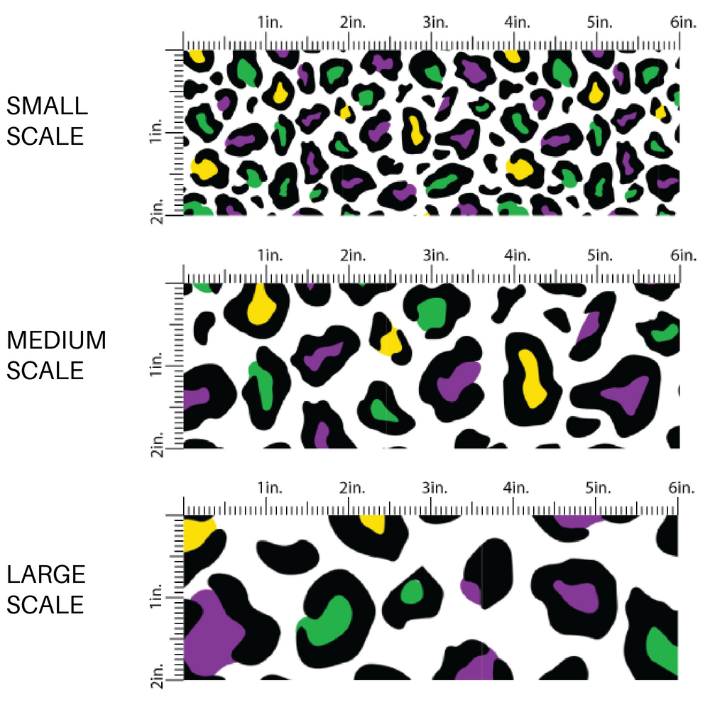 Yellow, Purple, and Green Leopard Print on White Mardi Gras Fabric by the Yard scaled image guide.