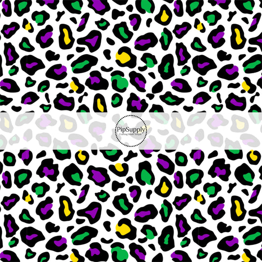 Yellow, Purple, and Green Leopard Print on White Mardi Gras Fabric by the Yard.
