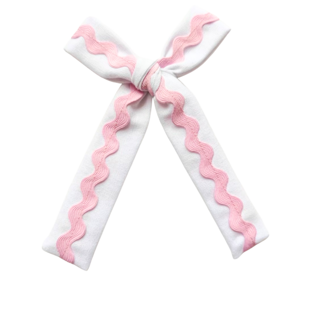 White PINK Ric Rac Long Tail Bows TIED With Clip