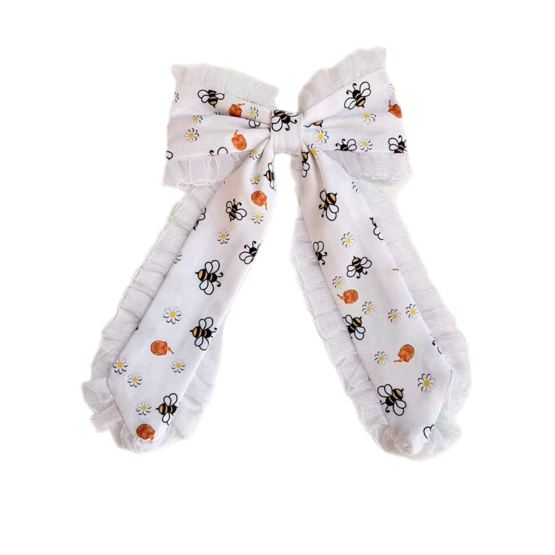 White Ruffle Beehive Long Tail Hair Tied Bow w/ Clip