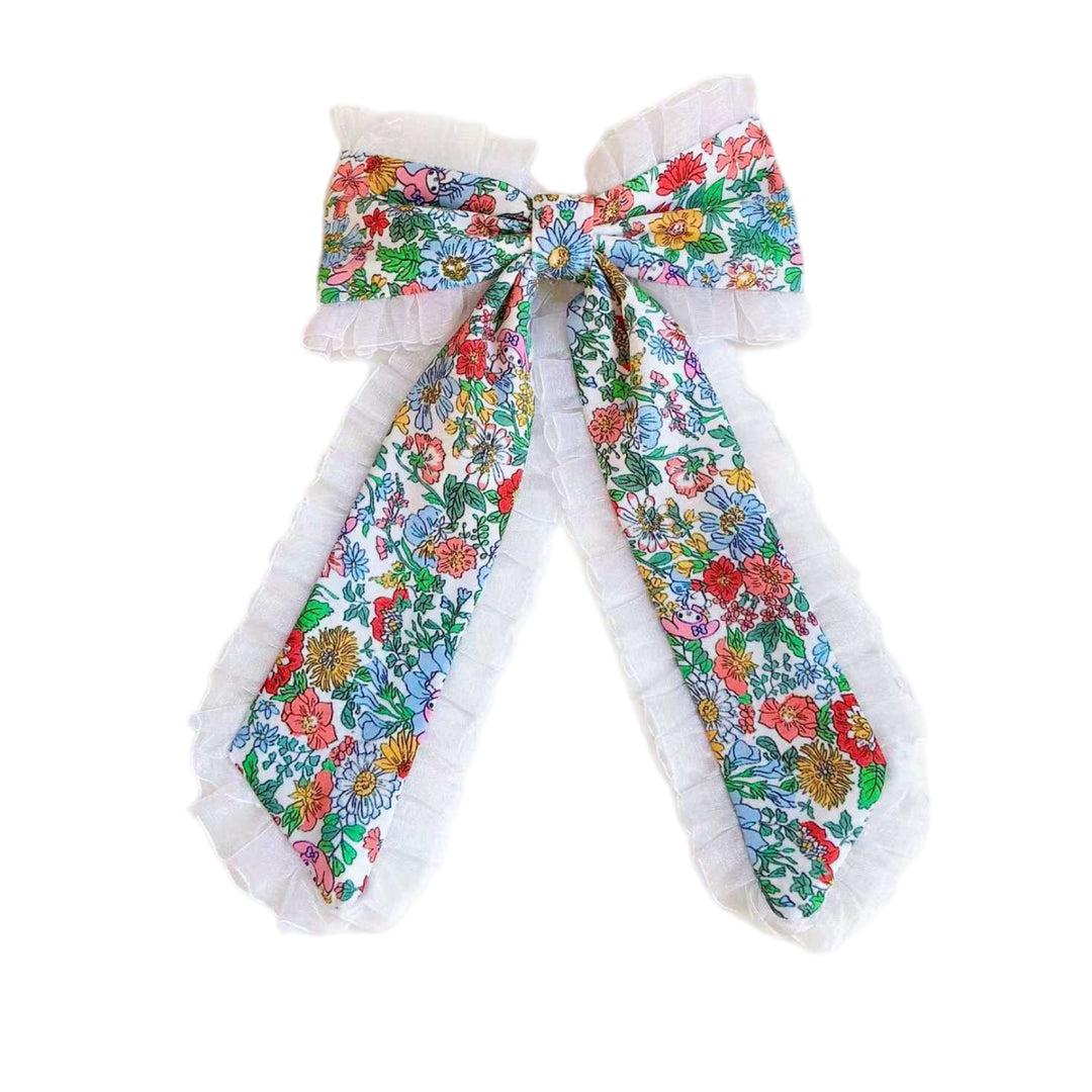White Ruffle Spring Blooms Long Tail Hair Tied Bow w/ Clip