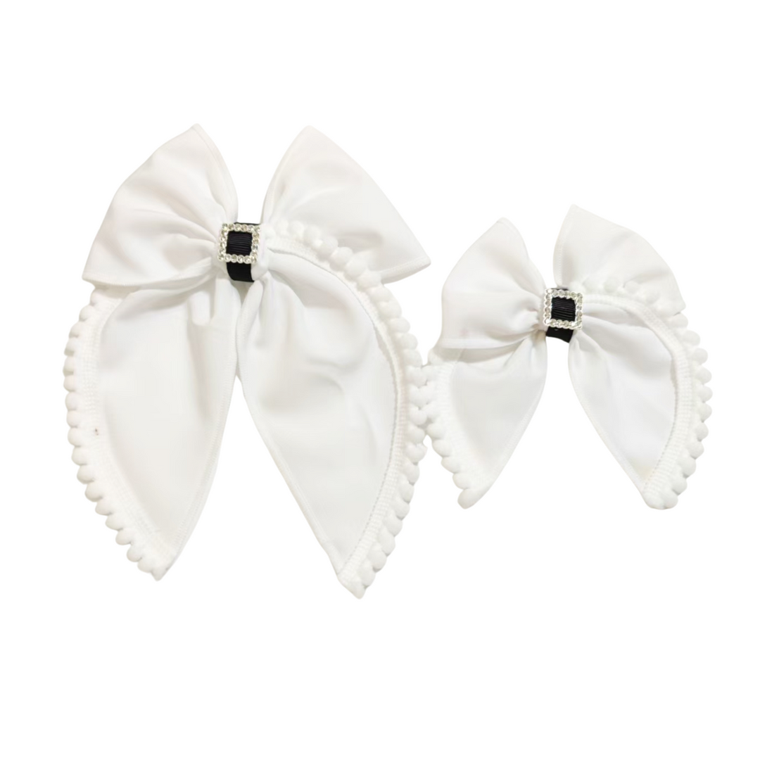 White Santa Buckle Pom Pom Bows TIED With Clip