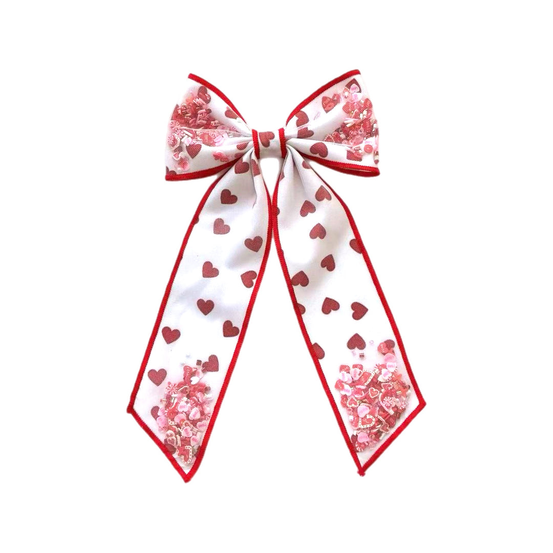 White Tulle Red Heart Long Tail Shaker Bow w/ Clip