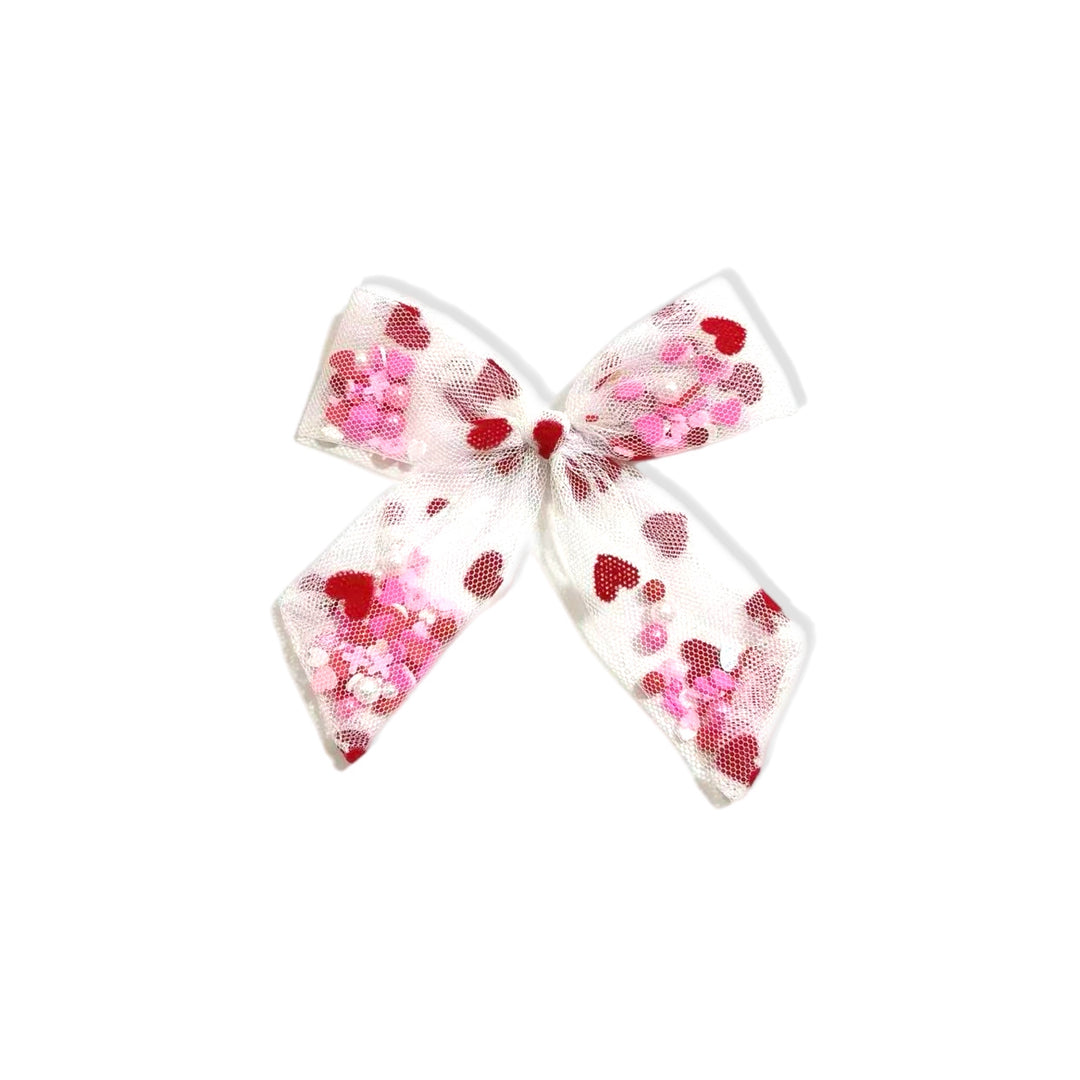 White Tulle Red Hearts Pinwheel Shaker Bow With Clip