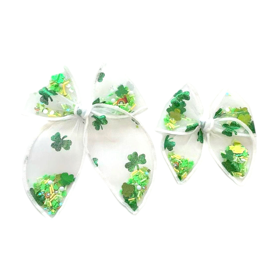 White Tulle METALLIC SHAMROCK Shaker Hair Tied Bow w Clip