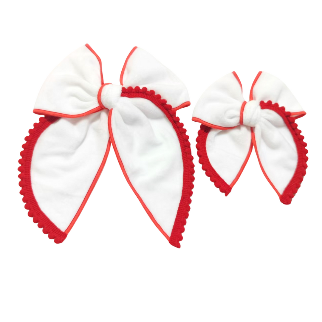 White Velvet Red Snowball Trim Hair Bow w/Clip