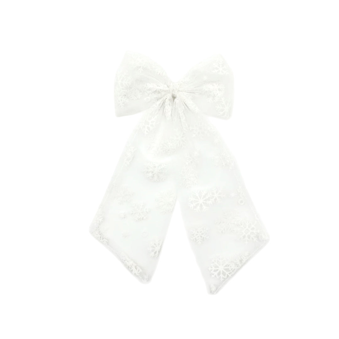 White Snowflake Tulle Long Tail Bow TIED With Clip