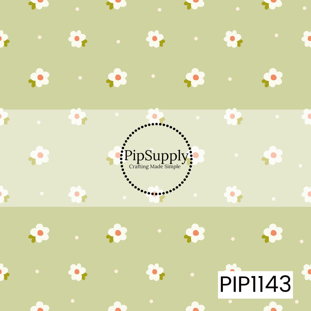 A cheerful floral toss featuring petite white blossoms with coral centers, olive-green leaves, and tiny cream dots scattered across a soft sage-green background.
