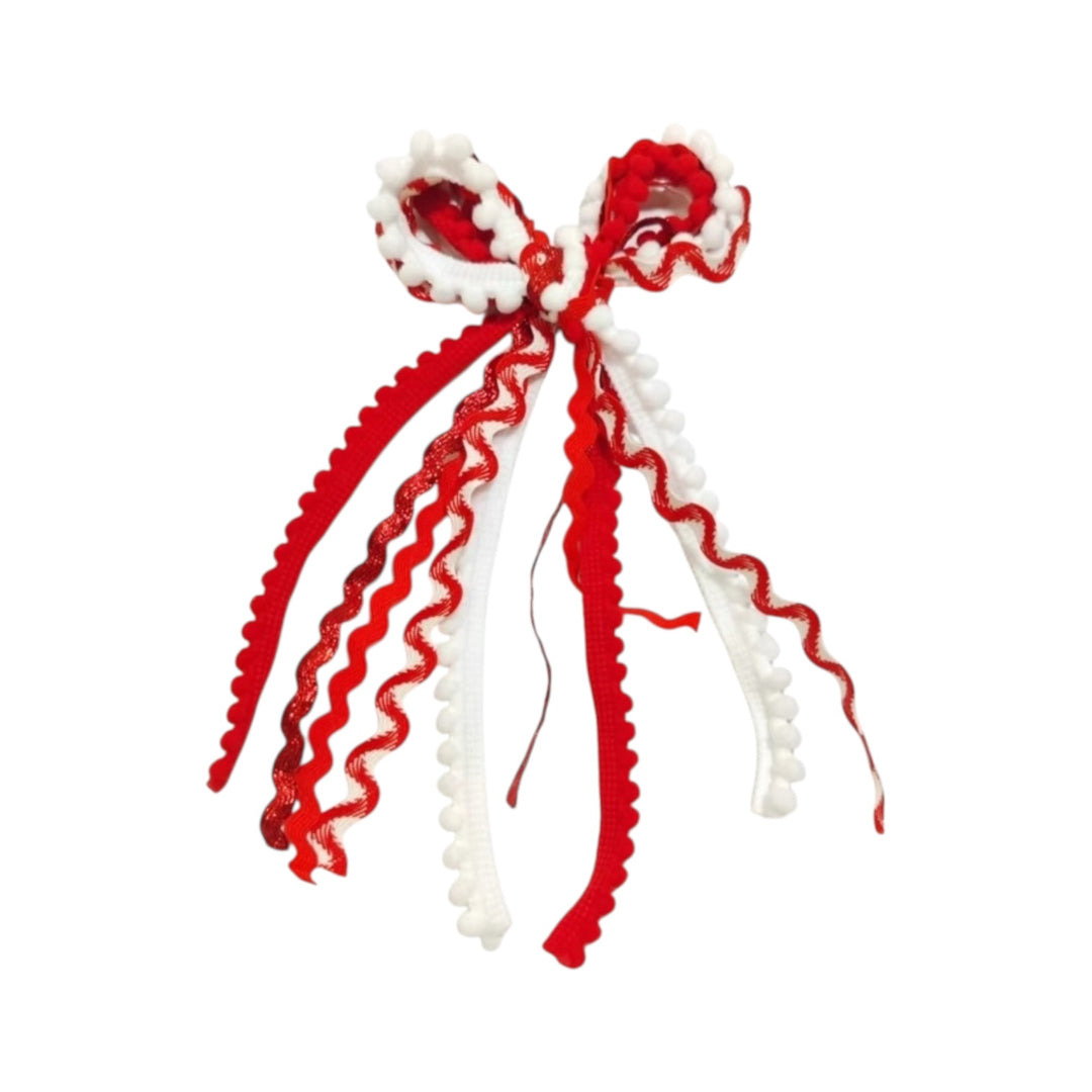 White & Red Messy Ribbon Hair Tied Bow w/ Clip