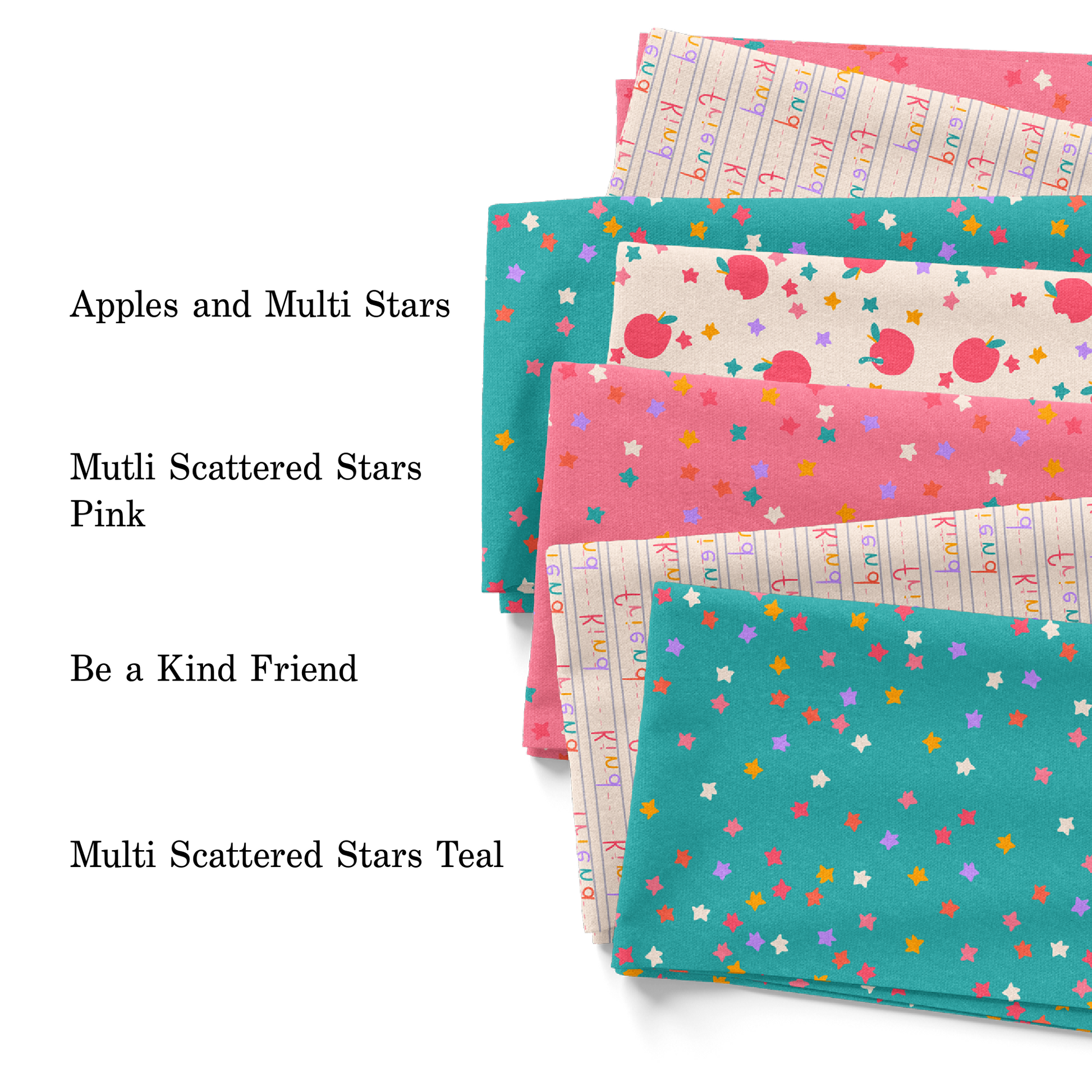 Wild Daisy 2023 back to school collection with stars, apples, and lined paper patterns.