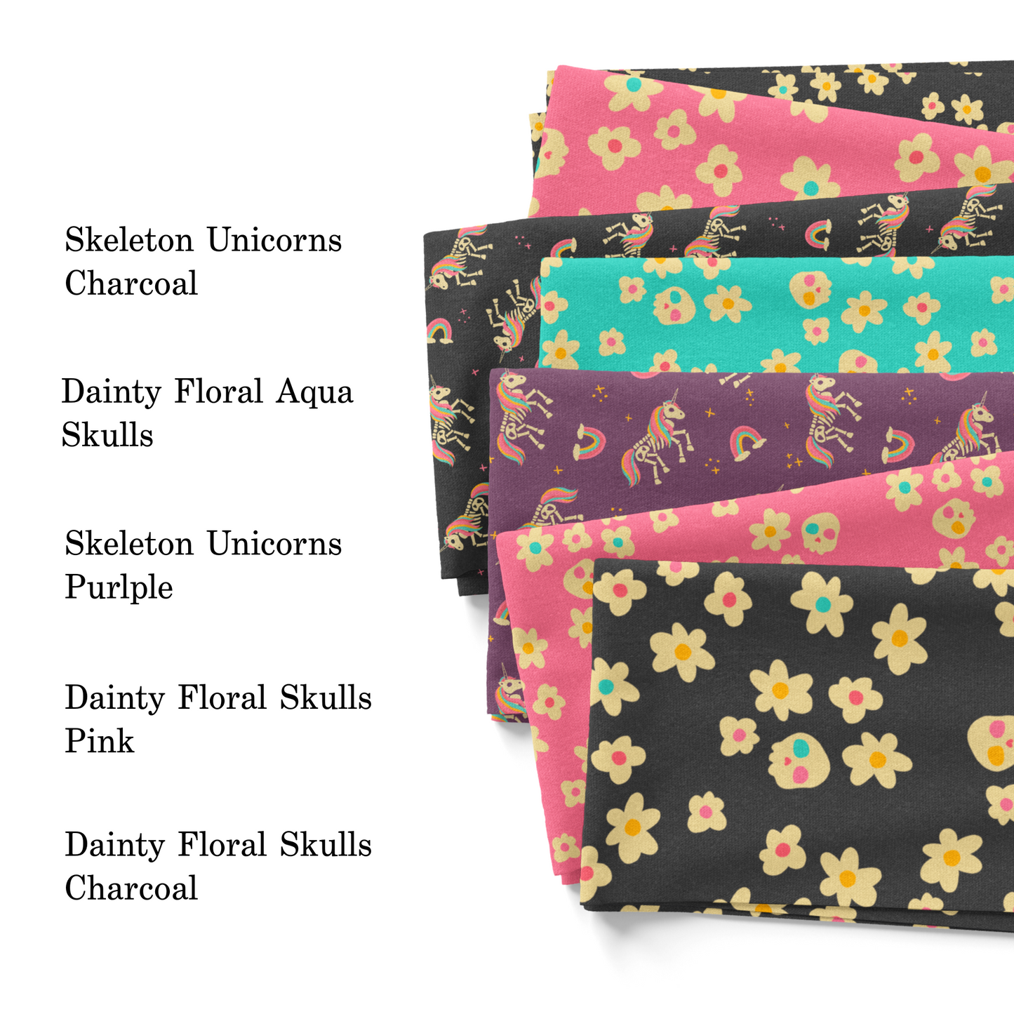 Wild Daisy Gallery's 2023 Florals, Skulls, and unicorns collection fabric swatches.