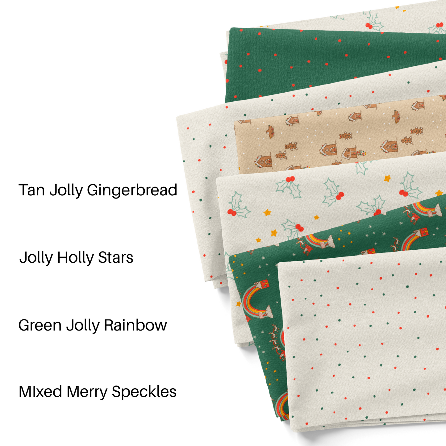 Cream and green Wild Daisy Gallery Christmas collection fabric swatches.