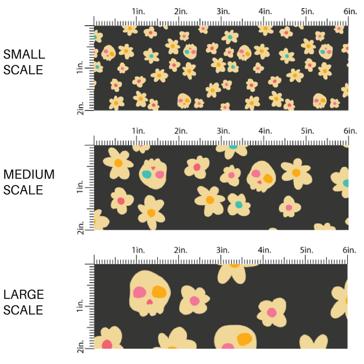 Cream flowers and skulls on charcoal black fabric by the yard scaled image guide.