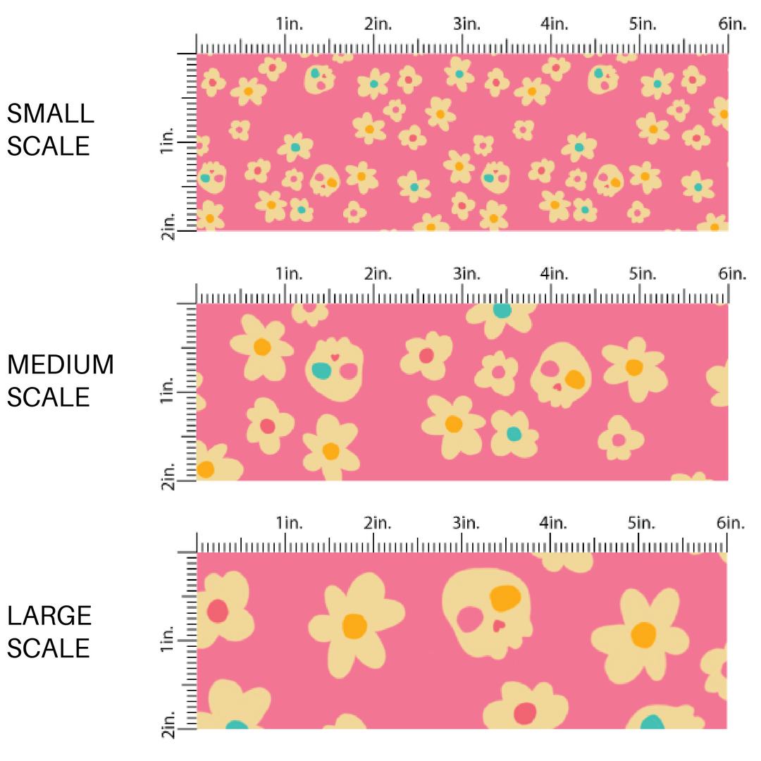 Cream flowers and skulls on pink fabric by the yard scaled image guide.