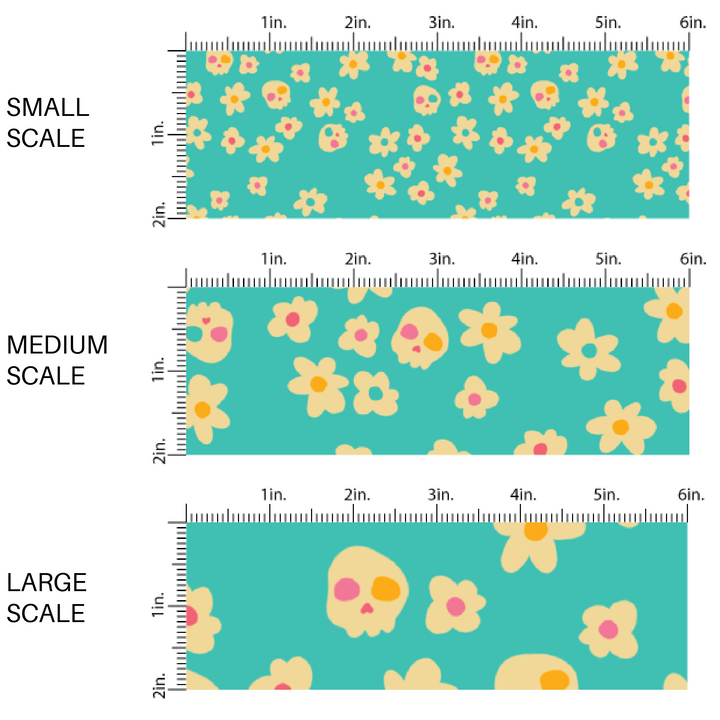 Cream flowers and skulls on aqua blue fabric by the yard scaled image guide.