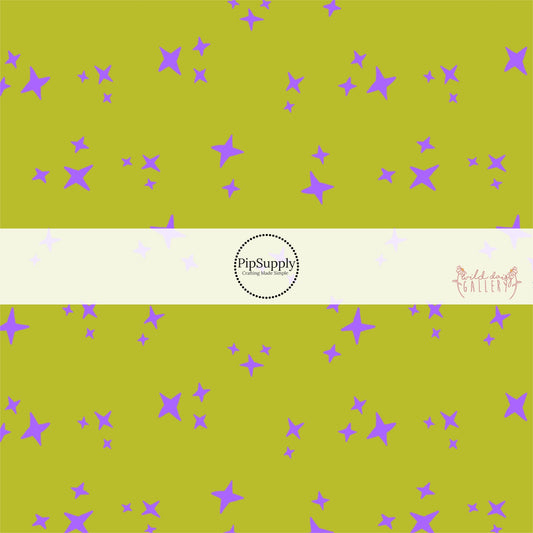 Bright purple stars on lime green fabric by the yard.