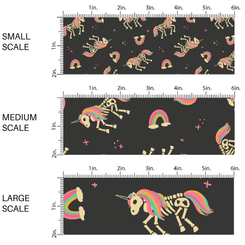 Black fabric by the yard scaled image guide with cream skeletons and colorful rainbows.