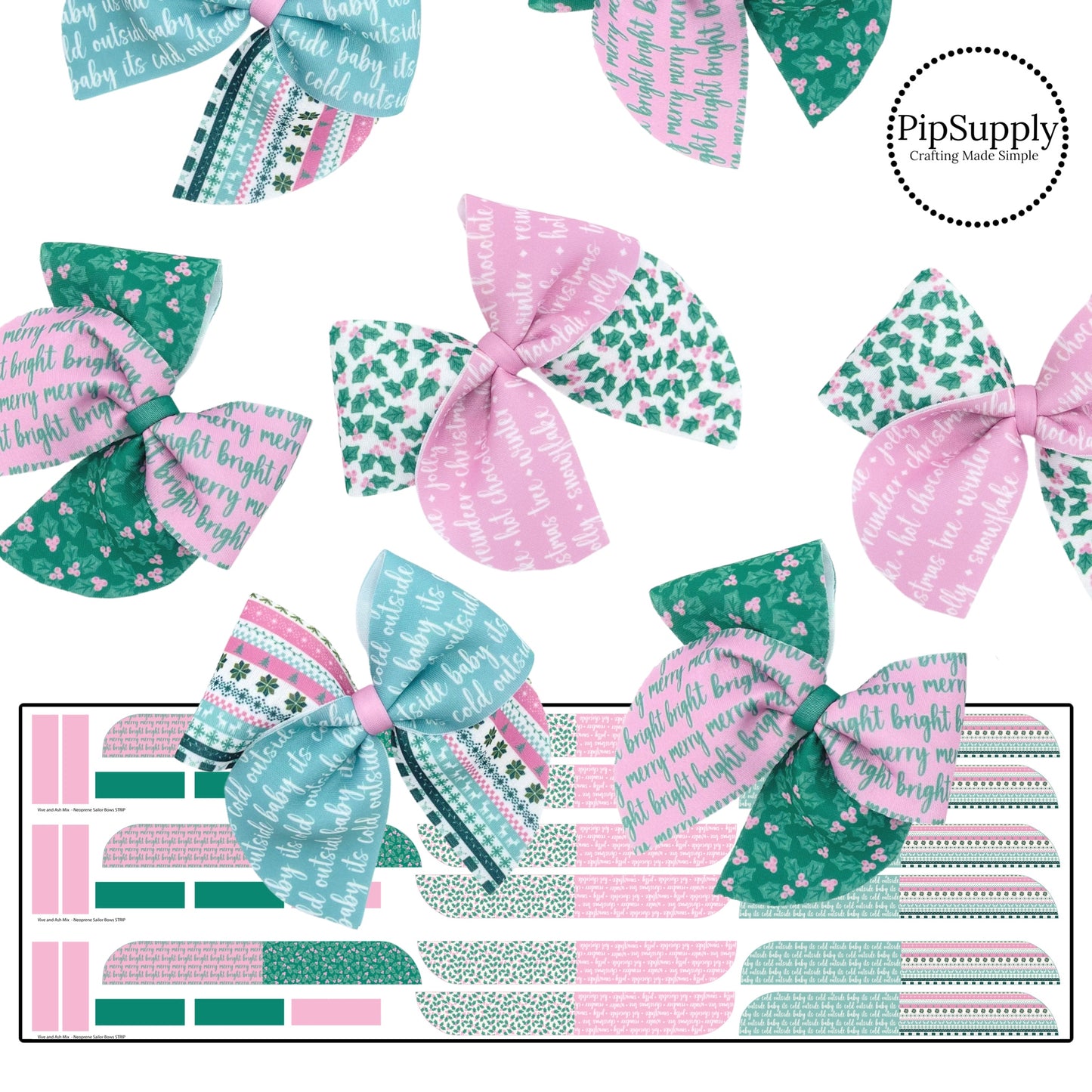 Pink and green holly Christmas themed neoprene sailor bows.