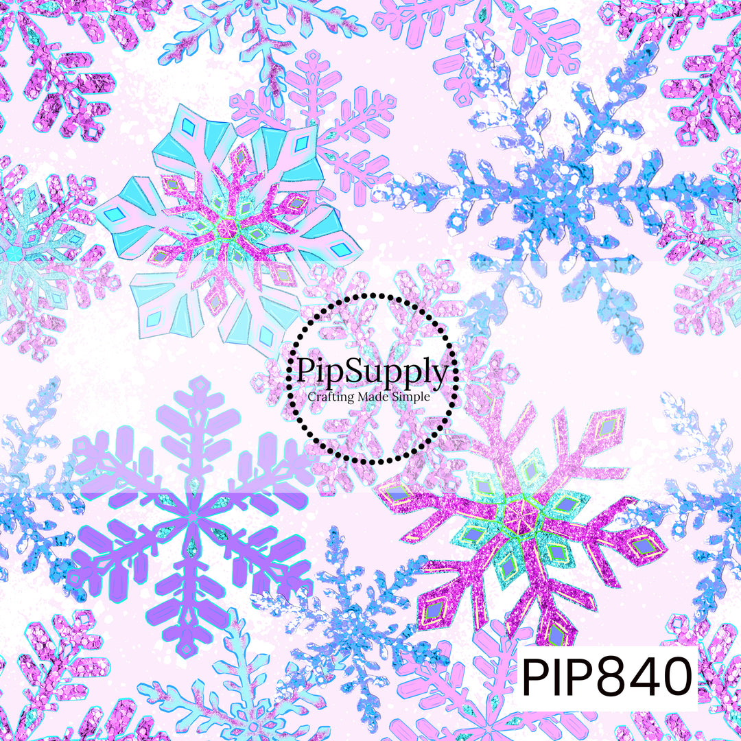 Soft icy lavender background featuring an assortment of oversized snowflakes in shimmering shades of pink, lavender, aqua, and blue. The intricate snowflake designs combine crystal-inspired details, glitter-like textures, and geometric patterns, creating a sparkling winter wonderland effect. The pastel color palette and layered snowflake motifs give the design a magical, frosty, and elegant aesthetic with a dreamy, snow-kissed feel.
