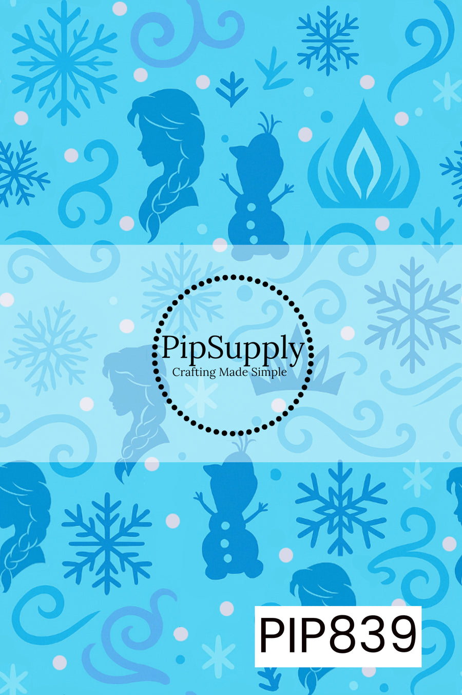 Light icy blue background featuring a whimsical winter-themed pattern with snowflakes, swirling frost accents, and scattered snow dots in varying shades of blue and white. The design includes silhouette-style character-inspired elements, a snowman figure, and stylized snowflake motifs, creating a magical cold-weather aesthetic. The monochromatic blue palette gives the pattern a frosty, elegant feel while maintaining a playful and enchanting winter charm.
