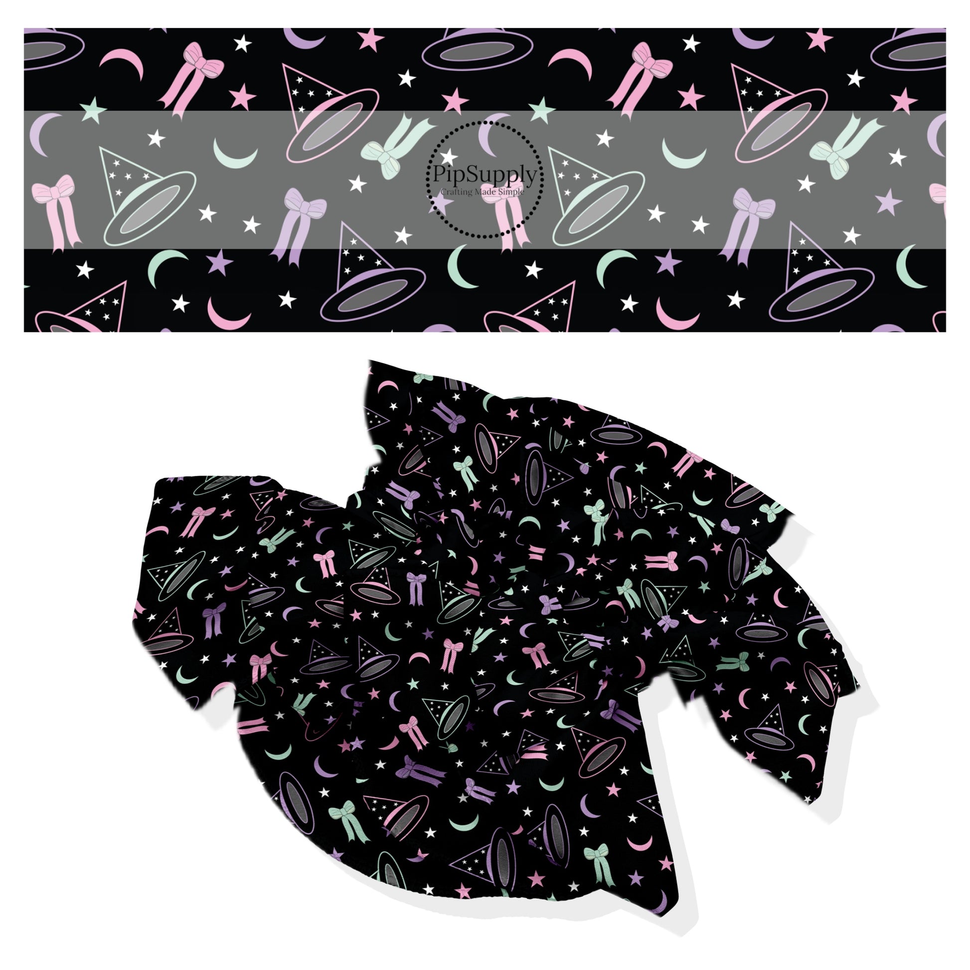 These Halloween themed no sew bow strips can be easily tied and attached to a clip for a finished hair bow. These fun spooky patterned bow strips are great for personal use or to sell. These bow strips feature the following design elements: witch hats surrounded by colorful bows, stars, and moons.