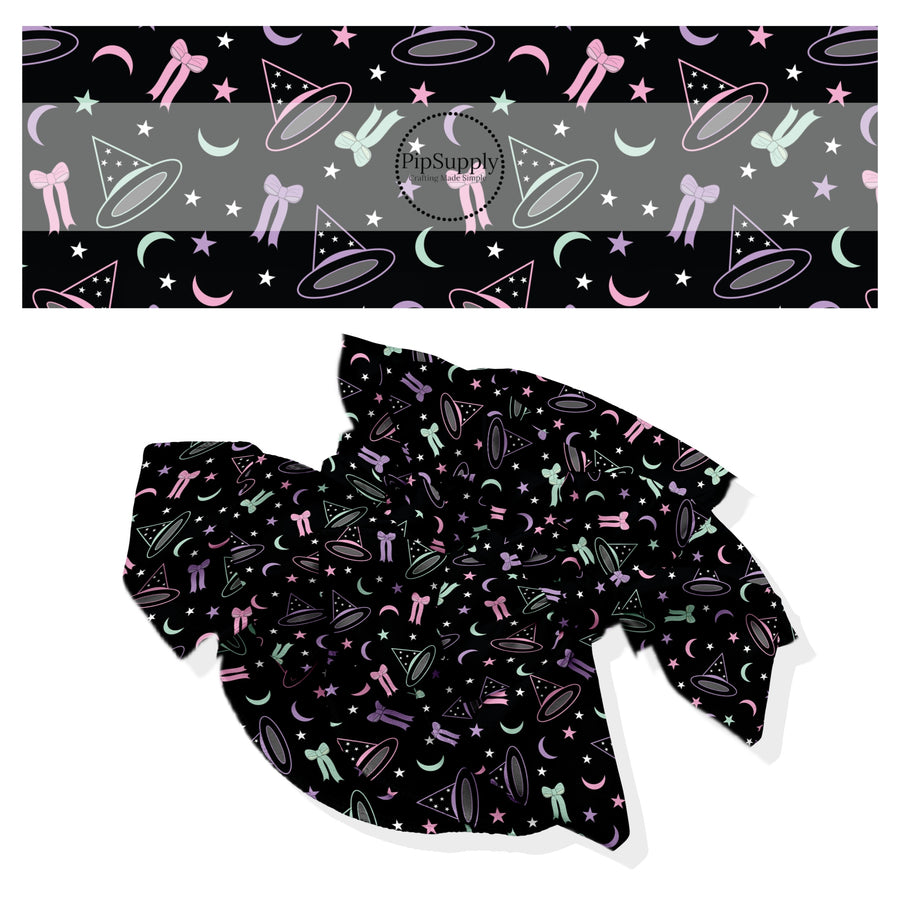 These Halloween themed no sew bow strips can be easily tied and attached to a clip for a finished hair bow. These fun spooky patterned bow strips are great for personal use or to sell. These bow strips feature the following design elements: witch hats surrounded by colorful bows, stars, and moons.