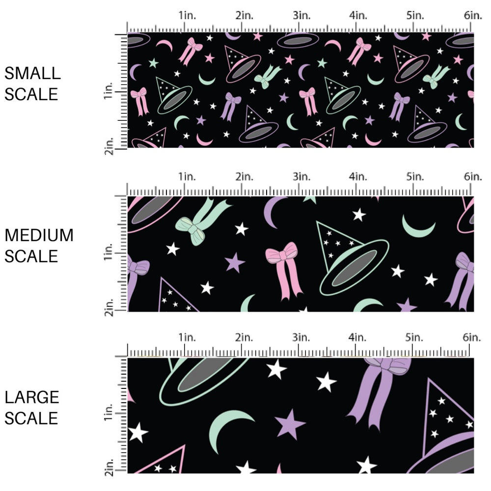 This scale chart of small scale, medium scale, and large scale of these Halloween themed pattern fabric by the yard features the following design elements: witch hats surrounded by colorful bows, stars, and moons. This fun spooky themed fabric can be used for all your sewing and crafting needs!