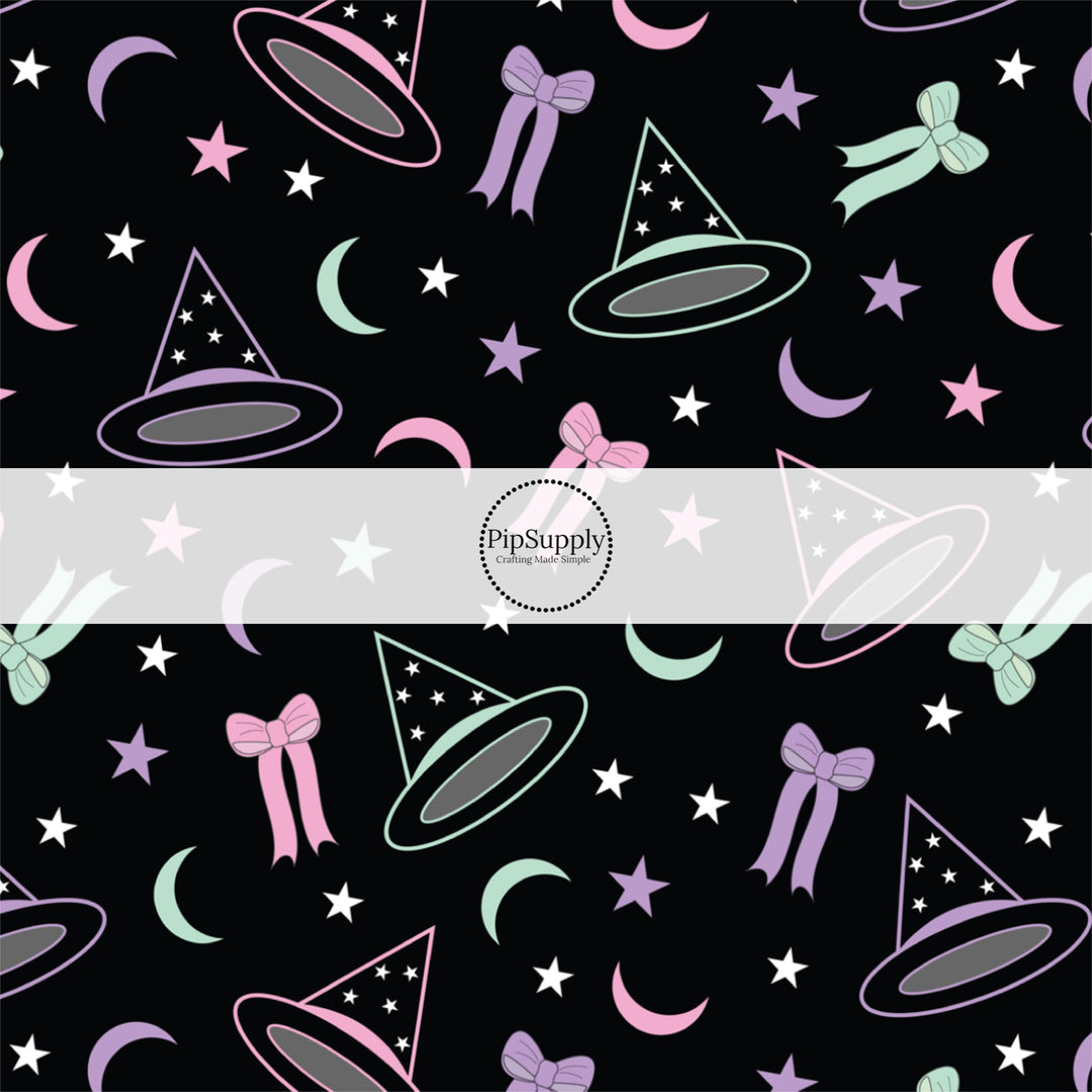 These Halloween themed pattern fabric by the yard features the following design elements: witch hats surrounded by colorful bows, stars, and moons. This fun spooky themed fabric can be used for all your sewing and crafting needs!