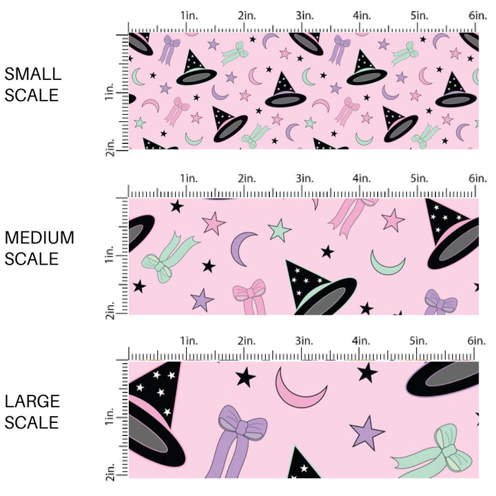 This scale chart of small scale, medium scale, and large scale of these Halloween themed pattern fabric by the yard features the following design elements: witch hats surrounded by colorful bows, stars, and moons. This fun spooky themed fabric can be used for all your sewing and crafting needs!