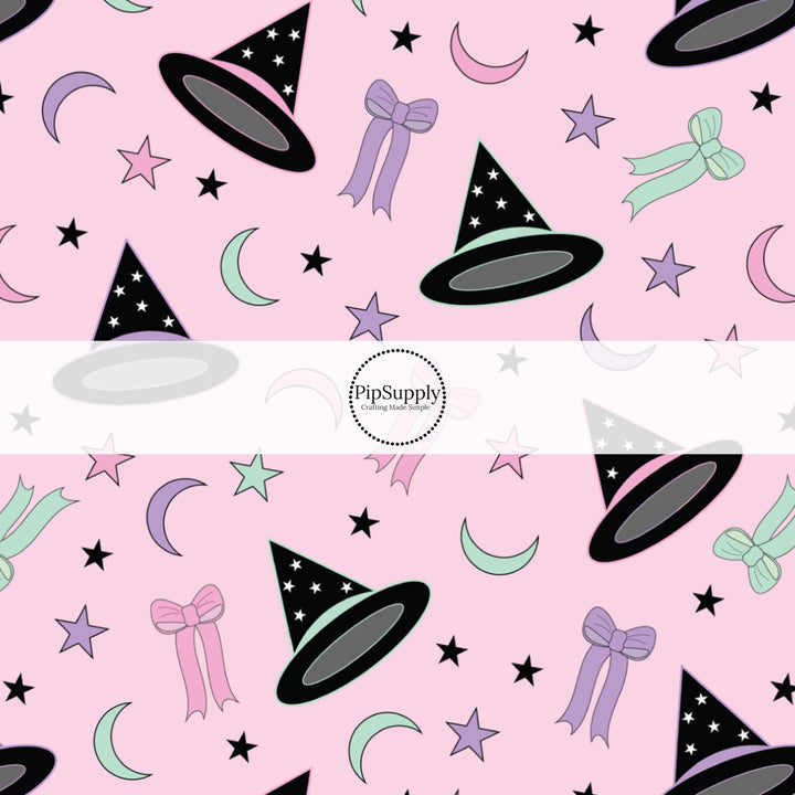 These Halloween themed pattern fabric by the yard features the following design elements: witch hats surrounded by colorful bows, stars, and moons. This fun spooky themed fabric can be used for all your sewing and crafting needs!